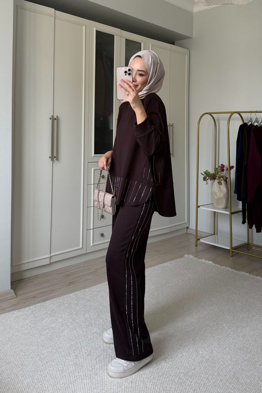 Taşlı oysh* takım - kahverengi