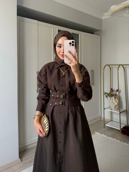 Kemerli elbise - kahverengi