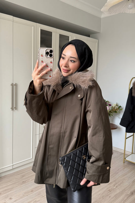 Premium kürklü parke - haki