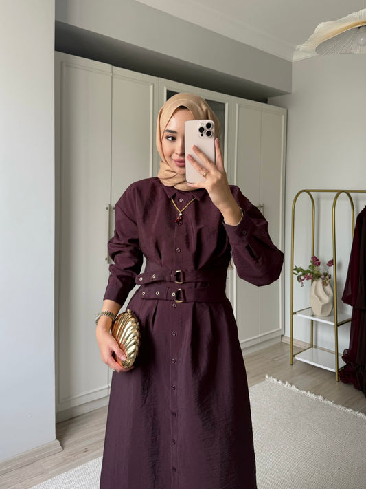 Kemerli elbise - bordo