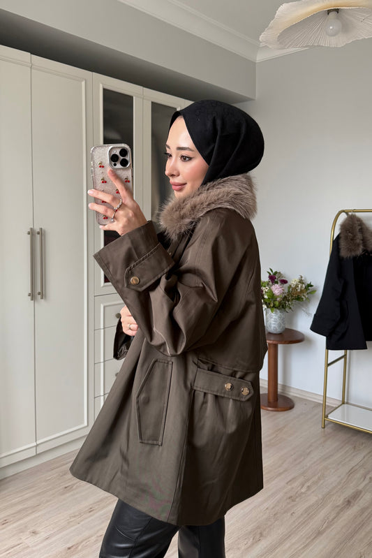 Premium kürklü parke - haki