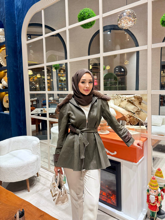 Saykle kürklü ceket - haki