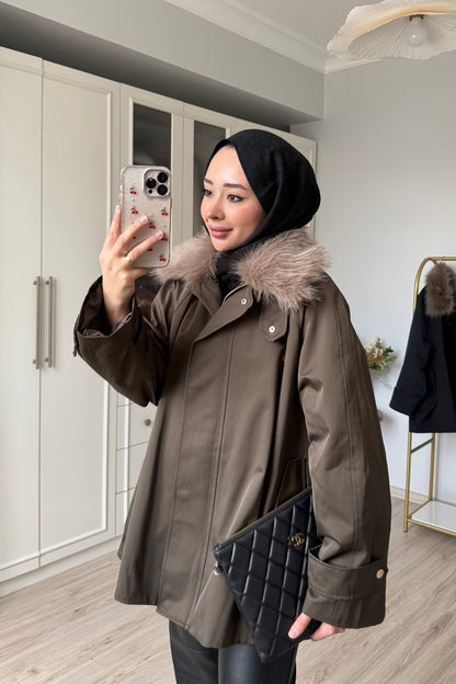 Premium kürklü parke - haki