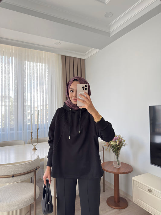 Biyeli Sweatshirt  - SİYAH￼